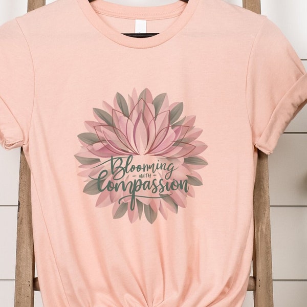 Blooming with Compassion Floral Lotus Graphic T-Shirt, Aesthetic Women's Cotton Tee, Soft Pastel Colors, Unique Design Top