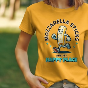 Camiseta &quot;Happy Place&quot; con palitos de mozzarella: una linda camiseta con gráfico de bocadillo de queso, divertida para amantes de la comida, un regalo único