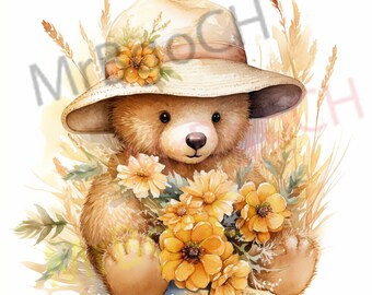 Adorable Teddy Bear Watercolor Summer Florals PNG - Printable Nursery Decor Artwork - Commercial Use Digital Clipart