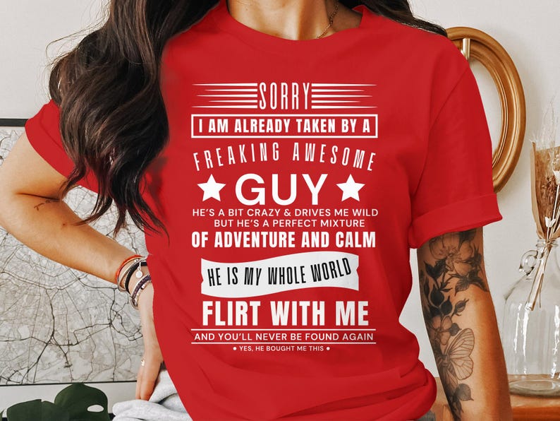 Sorry Taken By Guy T-Shirt, Funny Relationship Gift Red