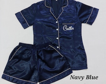 Navy Blue color PJ's,Dark Blue Pajamas,Personalized Satin PJs,Bridesmaid pyjama set,Getting Ready PJ's,Sleepover pjs,Slumber party pajamas