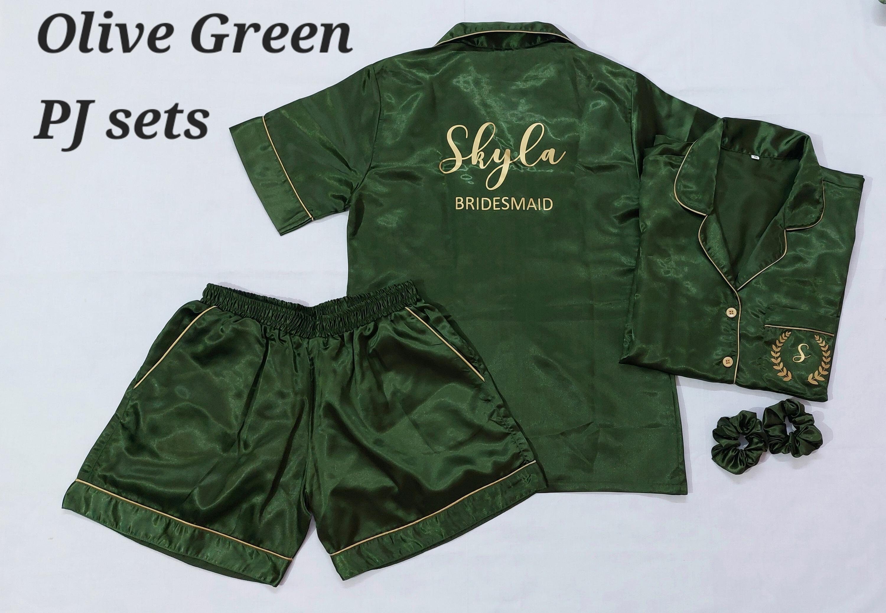 Olive Green Color PJ s Personalized Satin pyjamas Bridesmaid pyjama set Plus sizes PJ s Bachelorette pjs Sleepover PJs Slumber party pajamas