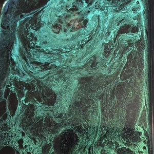 May include: A close-up of a metal tray with a swirling green and black liquid inside. The liquid has a metallic sheen and appears to be made with glitter.