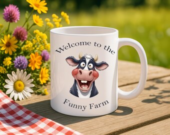Welcome to the Funny Farm Mug – Funny Cow Mug, Farm Animal Mug, Country Humour Gift, Cute Cow Face Coffee Cup