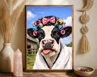 Funny Cow Wall Art Print | Cow in Bathrobe with Hair Rollers | Farmhouse Decor | Quirky Animal Printable | Cute Bathroom or Kitchen Wall Art