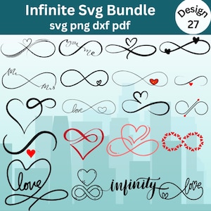 Puede incluir: Imagen que presenta diseños de símbolos de infinito, algunos con corazones y la palabra "love". El texto "Infinite Svg Bundle" y las extensiones de archivo están en la parte superior. El número de diseño "27" está en un círculo.