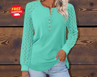 Womens Lace Henley Top Long Sleeve Casual Fall Blouse Soft Knit Shirt