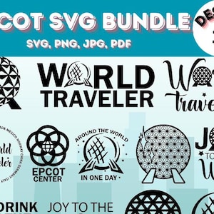 May include: A digital download bundle of 15 SVG designs featuring the Epcot World Showcase. The designs include the Epcot Center logo, the World Traveler logo, and various other Epcot-themed designs.