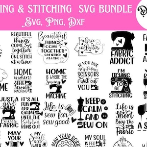 Puede incluir: Un conjunto de 20 archivos de corte SVG en blanco y negro con citas sobre costura y bordado. Las citas incluyen "Crazy Sewing Lady", "Beautiful Things Come Together One Stitch at a Time", "Fabric Collector", "I'm Sew Awesome", "Home is Where the Sewing Machine", "If You Use My Fabric Scissors I Will Cut You", "I'm Itching to Be Stitching", "I'd Rather Be Sewing", "When in Doubt Stitch It Out", "Just a Girl Who Loves Fabric", "It's All Fun and Games Until the Bobbin Runs Out", "Life is Sew Far Sew Good", "Keep Calm and Sew On", "Life is Short Buy the Fabric", "Life's a Stitch", "Life is Short Buy the Fabric", "May Your Bobbin Run With My Soul is Fed With Fabric", "May Your Bobbin Run With My Soul is Fed With Fabric".