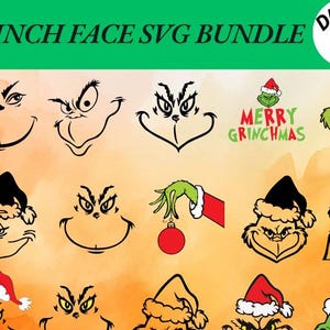 Könnte beinhalten: Eine Sammlung von Grinch-Gesicht-SVG-Designs in Schwarz und Grün, mit dem Text "GRINCH FACE SVG BUNDLE" oben. Die Designs umfassen verschiedene Grinch-Gesichter, eine Hand, die eine Verzierung hält, und die Worte "MERRY GRINCHMAS".