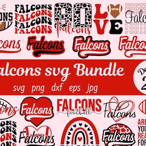May include: A set of 20 digital designs featuring the word "Falcons" in various styles and colors. The designs include a football, a heart, a rainbow, and a leopard print pattern. The designs are perfect for creating custom t-shirts, mugs, tote bags, and other crafts.