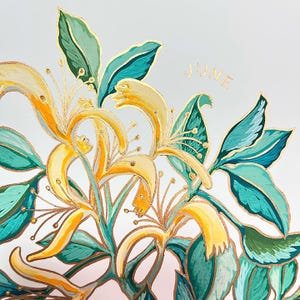 Birth Month Flower Art // June Honeysuckle Hand-Embellished Print // New Baby Gift, Birthday Gift, Mother&#39;s Day Gift, Gift for Gardener
