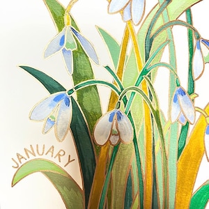 Birth Month Flower Art | January Snowdrops Hand-Embellished Print | New Baby Gift, Birthday Gift, Mother&#39;s Day Gift