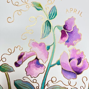 Birth Month Flower Art | April Sweet Peas Hand-Embellished Print | New Baby Gift, Birthday Gift, Mother&#39;s Day Gift