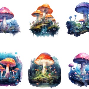 May include: Six watercolour illustrations of mushroom clusters in various colours, including red, orange, purple, and pink. Each cluster is set against a white background and features a variety of mushroom sizes and shapes.