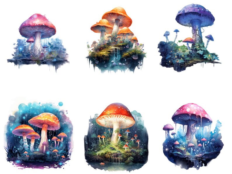 May include: Six watercolour illustrations of mushroom clusters in various colours, including red, orange, purple, and pink. Each cluster is set against a white background and features a variety of mushroom sizes and shapes.