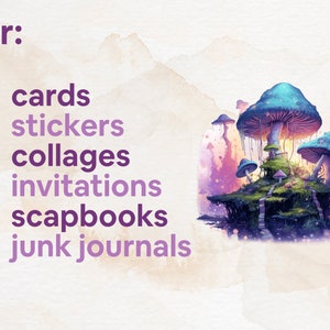 May include: A digital illustration of a whimsical mushroom forest with vibrant blue and purple hues. The mushrooms are clustered together on a small island with a mossy path leading up to the top. This image is perfect for crafting projects like cards, stickers, collages, invitations, scrapbooks, and junk journals.