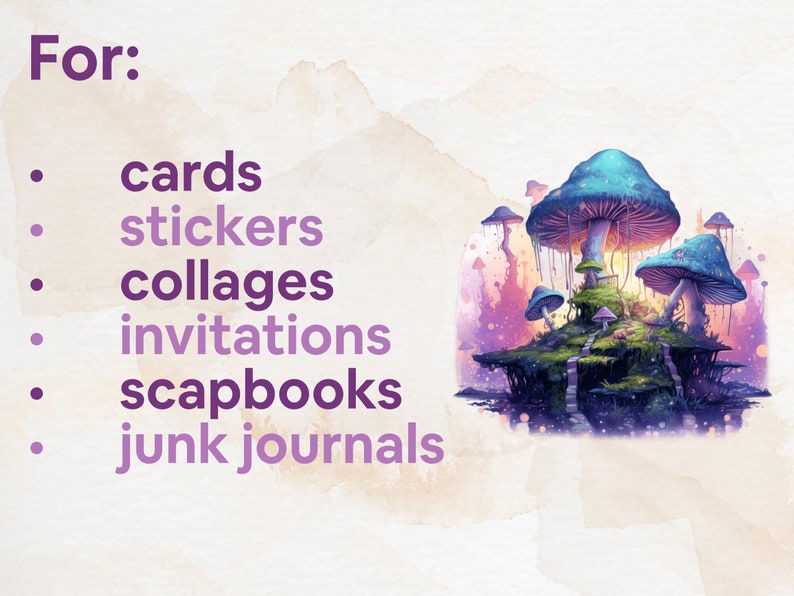 May include: A digital illustration of a whimsical mushroom forest with vibrant blue and purple hues. The mushrooms are clustered together on a small island with a mossy path leading up to the top. This image is perfect for crafting projects like cards, stickers, collages, invitations, scrapbooks, and junk journals.