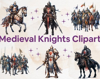 18 PNG Watercolor Medieval Knights Clipart, Crusader Clip Art, Medieval Art Bundle, Knight in Armor, Knights on Horseback 300 DPI PNG