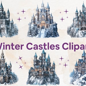 15 Fairytale Medieval Castles Winter Clipart Collection Watercolor castle illustrations PNG Format Instant Download Commercial Use