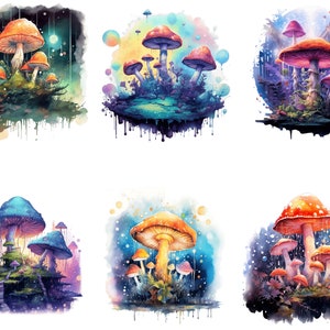 May include: A digital painting depicting six distinct groups of mushrooms in a watercolour style. Each group is set against a different background, with some having a more whimsical feel than others. The mushrooms are all different colours and shapes, and some have spots or patterns on them.