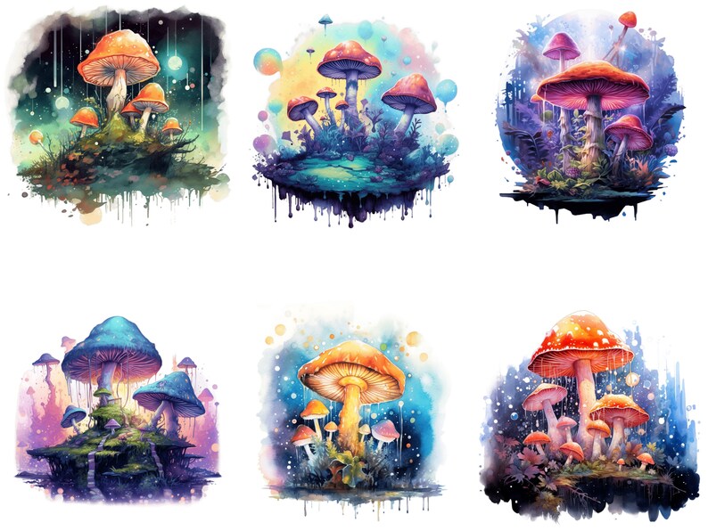 May include: A digital painting depicting six distinct groups of mushrooms in a watercolour style. Each group is set against a different background, with some having a more whimsical feel than others. The mushrooms are all different colours and shapes, and some have spots or patterns on them.
