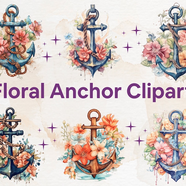 18 PNG Watercolor Vintage Floral Anchor Clipart, Floral Anchor Watercolor, Illustration, Floral Anchor PNG instant download commercial use