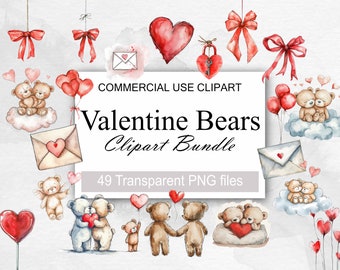 Aquarel Valentines Teddy Bear Clipart, 49 PNG Valentijnsdag Clipart, Valentines Teddy Bear Clipart, Love Bears PNG, Commercieel Gebruik