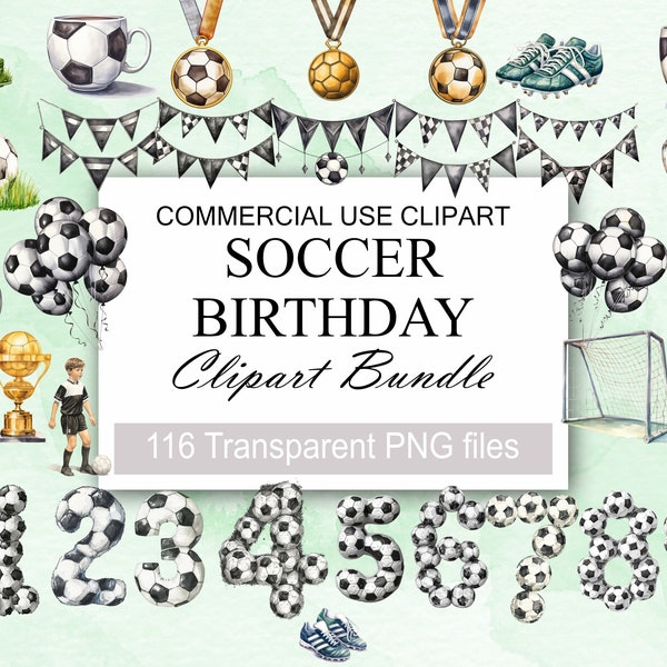 Soccer Birthday Clipart: 116 PNG Transparent, Football Ball Clipart,Boys Soccer birthday Invitation Clipart Bundle, Instant Digital Download