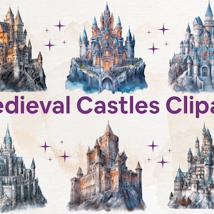 18 Fairytale Medieval Castles Clipart Collection Watercolor castle, Fortresses illustrations, PNG Format Instant Download for Commercial Use