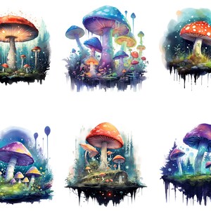 May include: Six watercolour paintings of colourful mushrooms in various settings. Each painting features a large mushroom with smaller mushrooms surrounding it. The mushrooms are painted in shades of red, blue, purple, and green.