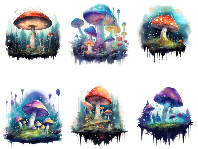 May include: Six watercolour paintings of colourful mushrooms in various settings. Each painting features a large mushroom with smaller mushrooms surrounding it. The mushrooms are painted in shades of red, blue, purple, and green.
