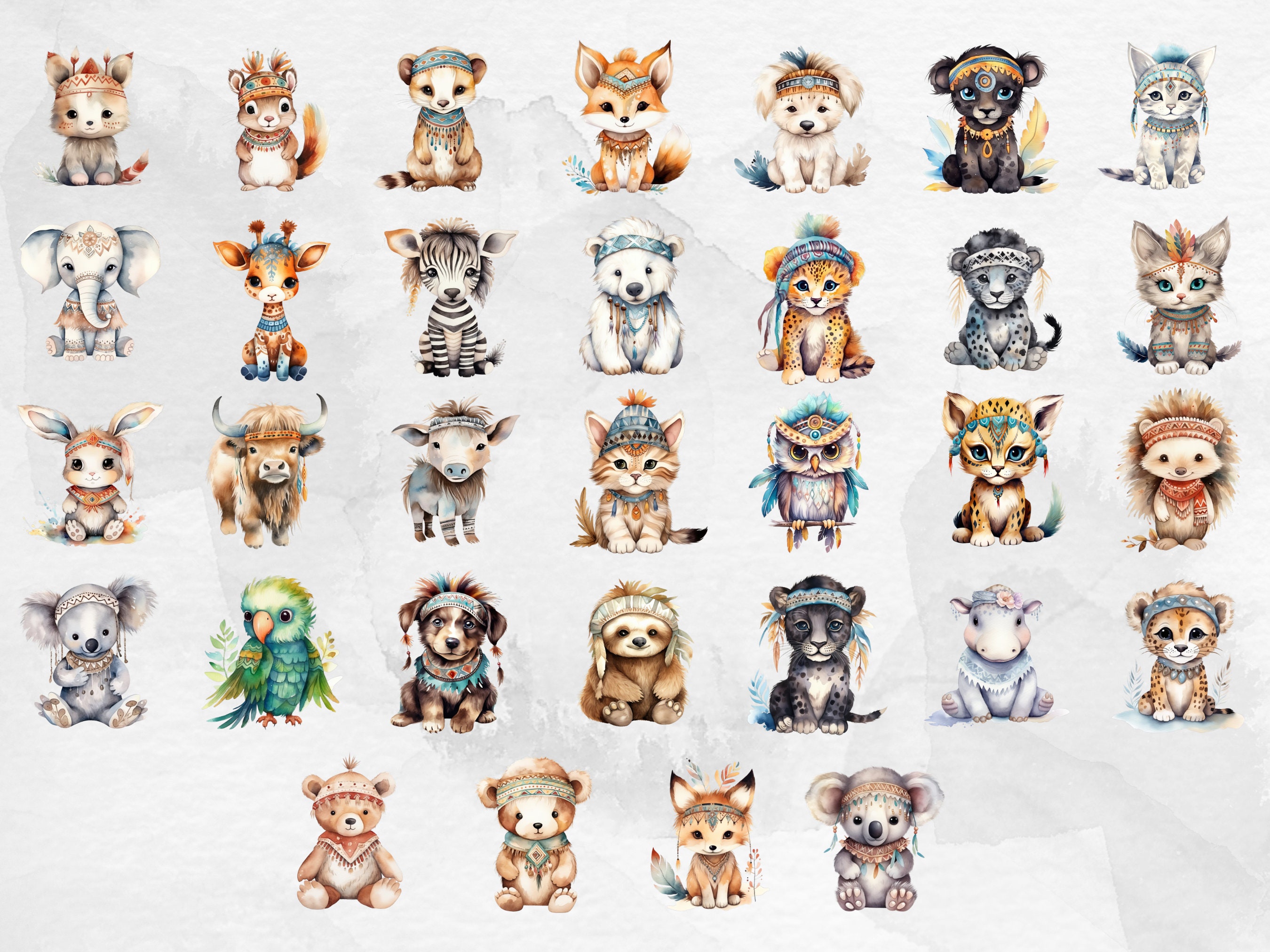 Watercolor Boho Baby Clipart, 32 PNG, Nursery Animal Clip Art, Newborn ...