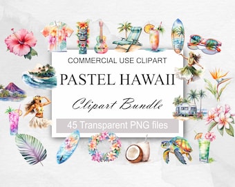 Watercolor Pastel Hawaii Clipart - watercolor surfing tropical island clip art in PNG format instant download for commercial use