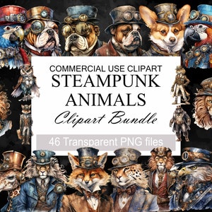 46 Steampunk Animal Bundle, PNG Steampunk Cliparts, Scrapbook, Steampunk Style, Fantasy Images, Clipart Bundle, Instant Digital Download