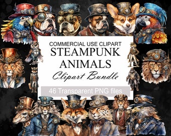 46 Steampunk Animal Bundle, PNG Steampunk Cliparts, Scrapbook, Steampunk Style, Fantasy Images, Clipart Bundle, Instant Digital Download