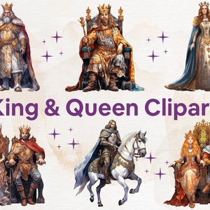 27 PNG Acquerello Re medievale e Regina Clipart, ClipArt reali, Pacchetto arte medievale, sul trono, Nobile, Aristocratico 300 DPI PNG