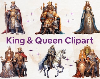27 PNG Watercolor Medieval King & Queen Clipart, Royals Clip Art, Medieval Art Bundle, on throne , Noble,Aristocrat  300 DPI PNG