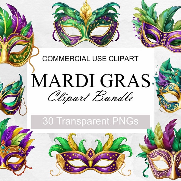 30 PNG Watercolor Mardi Gras PNG Mask Clipart, Mardi Gras Clip Art, Carnival Mask Art Bundle 300 DPI Sublimation Design Bundle