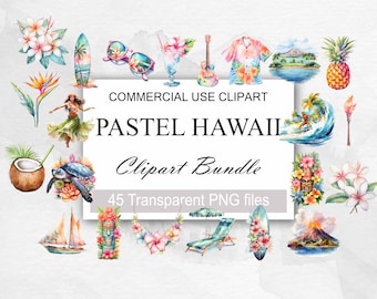 Watercolor Pastel Hawaii Clipart - watercolor surfing tropical island clip art in PNG format instant download for commercial use