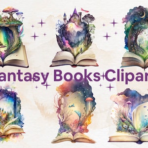 18 PNG Watercolor Fantasy Books Clipart, Open Book Clip Art, Book Bundle PNG, vintage books stacklibrary clip art, old books, Magic Books