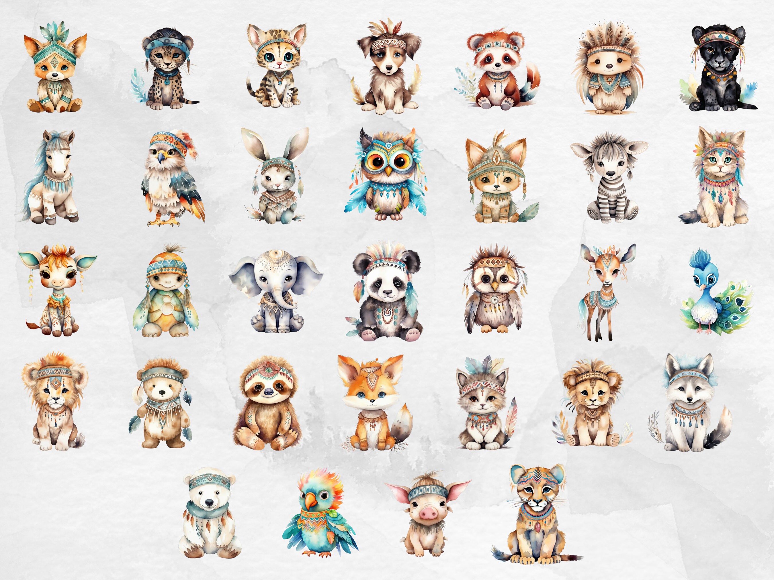 Watercolor Boho Baby Clipart, 32 PNG, Nursery Animal Clip Art, Newborn ...