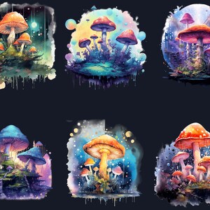 May include: Six watercolour illustrations of colourful mushrooms in different settings. Each illustration features a cluster of mushrooms with varying sizes and shapes, surrounded by a whimsical background of swirling colours and textures.