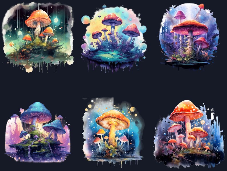 May include: Six watercolour illustrations of colourful mushrooms in different settings. Each illustration features a cluster of mushrooms with varying sizes and shapes, surrounded by a whimsical background of swirling colours and textures.