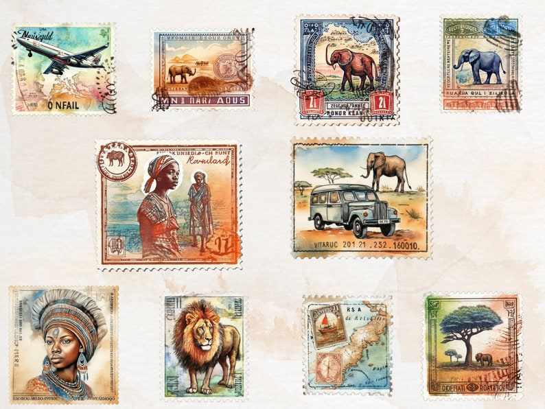 20 PNG Watercolor African Postage Stamps Clipart Faux Postage Stamps ...
