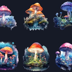 May include: Six digital illustrations of mushroom clusters in a fantasy forest setting. Each illustration features a different colour scheme and arrangement of mushrooms, with glowing lights and a watercolour effect.