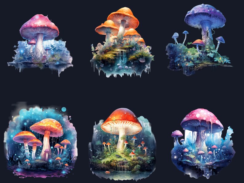 May include: Six digital illustrations of mushroom clusters in a fantasy forest setting. Each illustration features a different colour scheme and arrangement of mushrooms, with glowing lights and a watercolour effect.