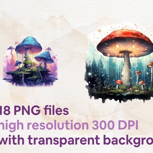 May include: A digital illustration of glowing mushrooms in a woodland setting. The mushrooms are red and blue with white spots. The background is a dark forest with glowing lights.