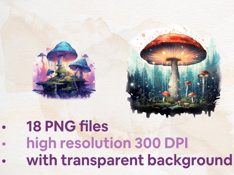 May include: A digital illustration of glowing mushrooms in a woodland setting. The mushrooms are red and blue with white spots. The background is a dark forest with glowing lights.