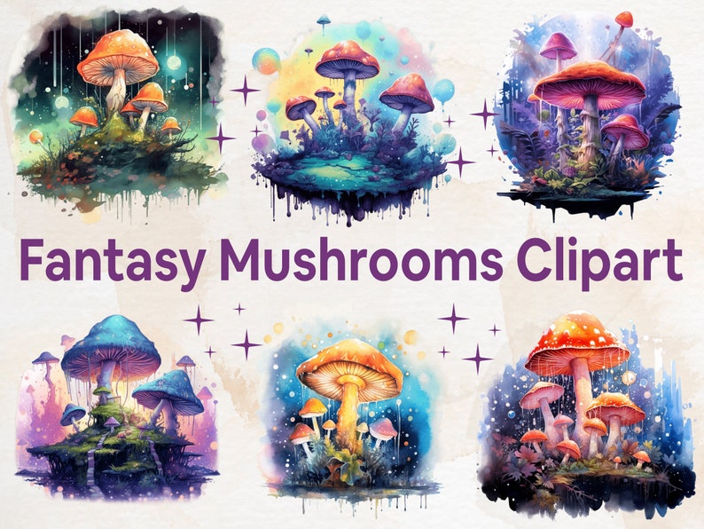 May include: Six watercolour illustrations of fantasy mushrooms with glowing details. Each illustration features a cluster of mushrooms with different colours and shapes, including red, orange, purple, and blue.